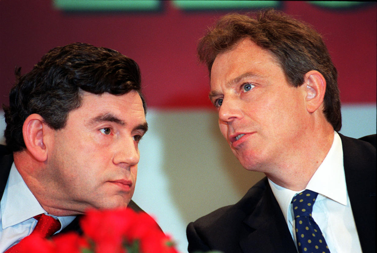 Shadow chancellor Gordon Brown and Labour leader Tony Blair at the Labour Party's daily news conference this morning (Tuesday). Labour today produced shocking new evidence that Britain is sliding down the world economic league and called for the Prime Minister to be sacked by voters.   (Photo by David Cheskin - PA Images/PA Images via Getty Images)