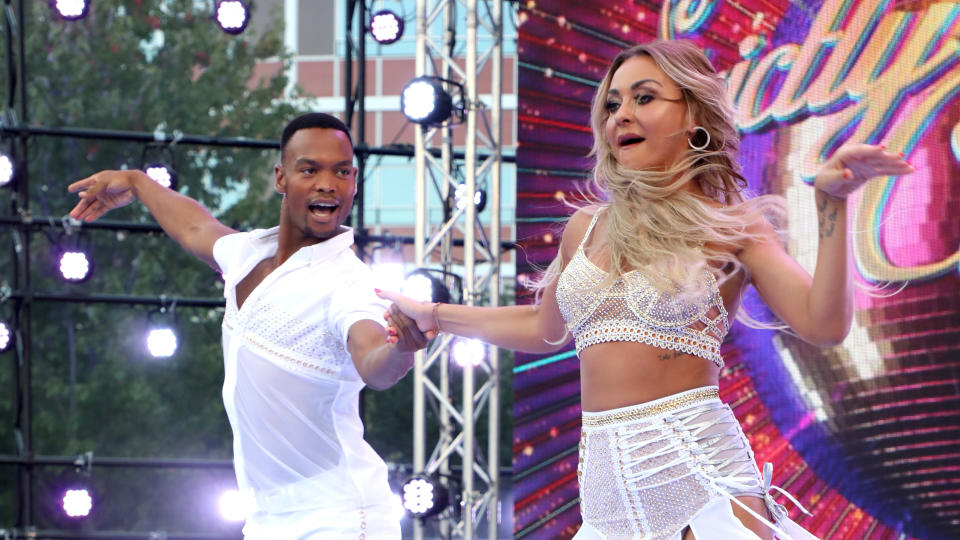 Professional dancers Johannes Radebe and Luba Mushtuk at the 'Strictly Come Dancing' launch show on August 26, 2019. (Photo by Lia Toby/Getty Images)