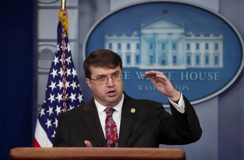 FILE PHOTO: Robert Wilkie, the secretary of Veterans Affairs, holds a briefing at the White House in Washington, U.S. November 8, 2019. REUTERS/Siphiwe Sibeko/File Photo