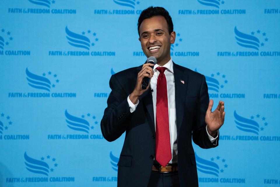 2024 presidential candidate Vivek Ramaswamy speaks to the crowd at the Iowa Faith & Freedom Coalition's annual spring kickoff, on Saturday, April 22, 2023, in Clive, Iowa.