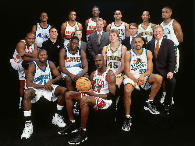 Jayson Williams (third from top right) was a teammate of Michael Jordan (front center) in this glorious 1998 NBA All-Star photo. (Getty Images)