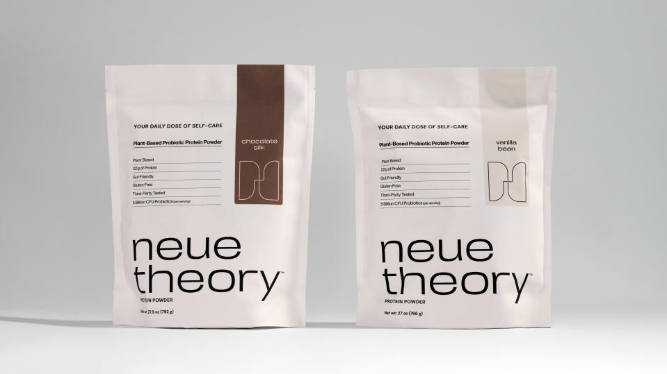 The neue theory protein powder comes in two flavoures: chocolate silk and vanilla bean.  neue theory abbey sharp protein powder probiotic