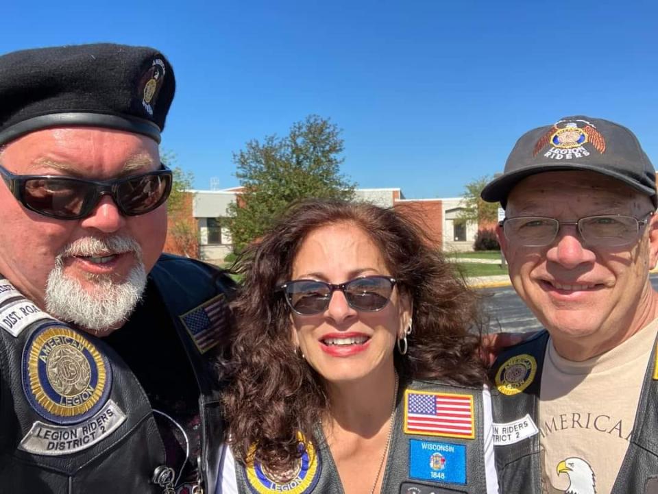 Legion Riders Paul Sipe (left), Yiayia Wischki (middle) and DuWaynne Wieck (right) outside of Random Lake Schools.