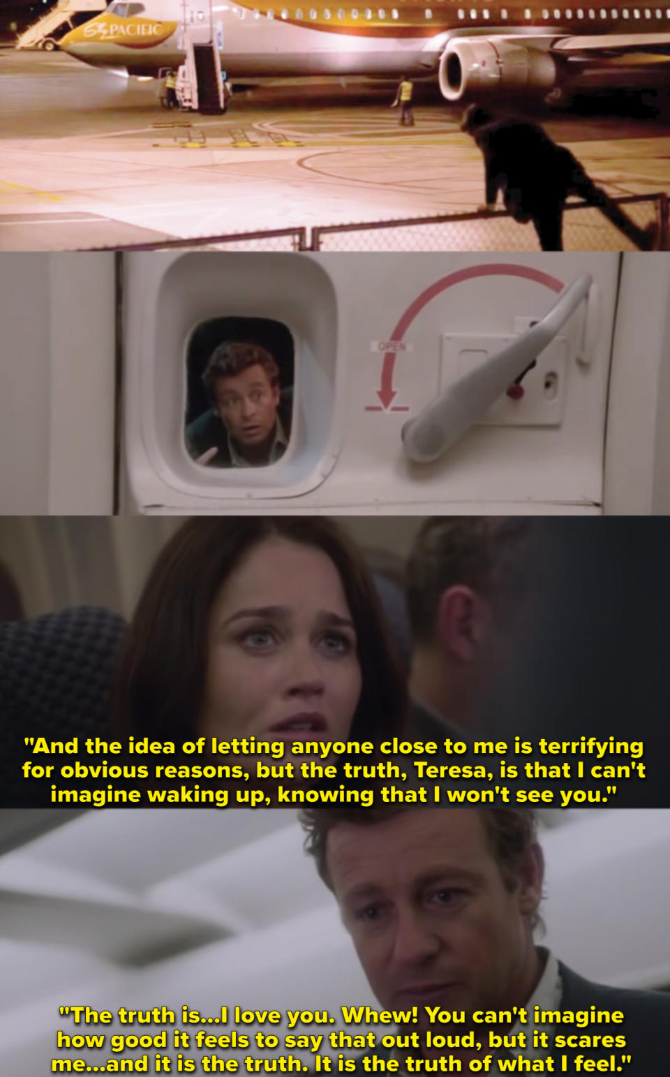 Patrick Jane climbs a metal fence at an airport, shows his face through the window on the airplane door, a close up of Teresa Lisbon in her airplane seat, and Patrick Jane as he cries