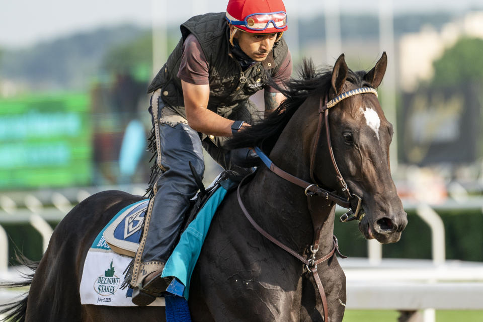 Belmont Stakes entrant Rock Your World takes a training run on the main track ahead of the 153rd running of the Belmont Stakes horse race, Wednesday, June 2, 2021, at Belmont Park in Elmont, N.Y. (AP Photo/John Minchillo)