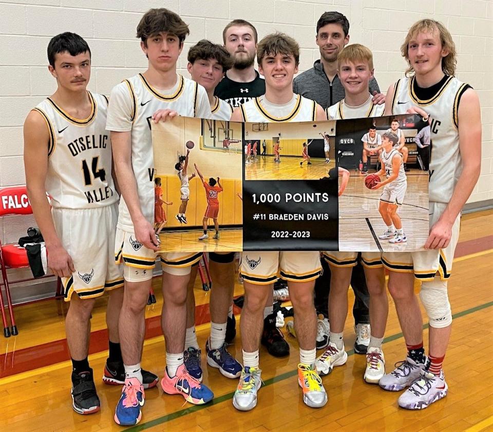 Otselic Valley junior Braeden Davis scored his 1,000th career point in the consolation game at Fabius-Pompey's holiday tournament Thursday. Otselic Valley took a lead on free throws with 6.7 seconds left but Tucker Latta hit a shot at the buzzer and gave Cincinnatus a 44-43 victory. Davis scored a team-high 19 points Thursday after scoring 25 against Fabius-Pompey in the first round the night before.