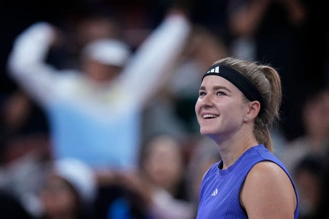 Karolina Muchova smiles after beating Aryna Sabalenka