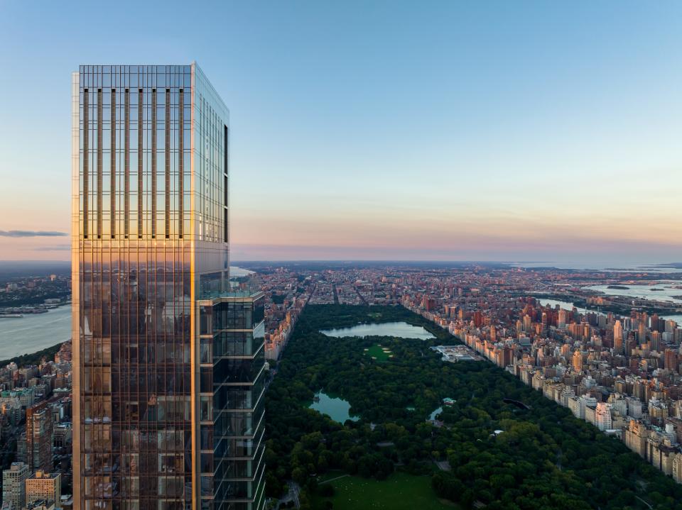 the $250 million New York City penthouse at Central Park Tower at sunset, overlooking Central Park