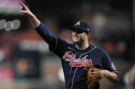 Atlanta Braves relief pitcher Luke Jackson leaves the game during the seventh inning of Game 1 in baseball's World Series between the Houston Astros and the Atlanta Braves Tuesday, Oct. 26, 2021, in Houston. (AP Photo/Ashley Landis)