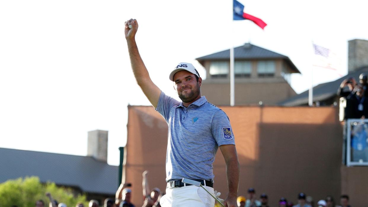 Mandatory Credit: Photo by Eric Gay/AP/Shutterstock (10190037c)Corey Conners celebrates his win in the Valero Texas Open golf tournament, in San AntonioValero Texas Open Golf, San Antonio, USA - 07 Apr 2019.