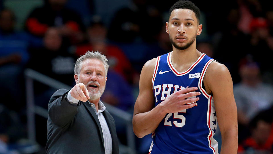 Philadelphia 76ers coach Brett Brown, left, is likely to be announced as the next coach of the Australian Boomers. The move has led to hopes Ben Simmons will play for the team at the 2020 Tokyo Olympics. (Photo by Sean Gardner/Getty Images)