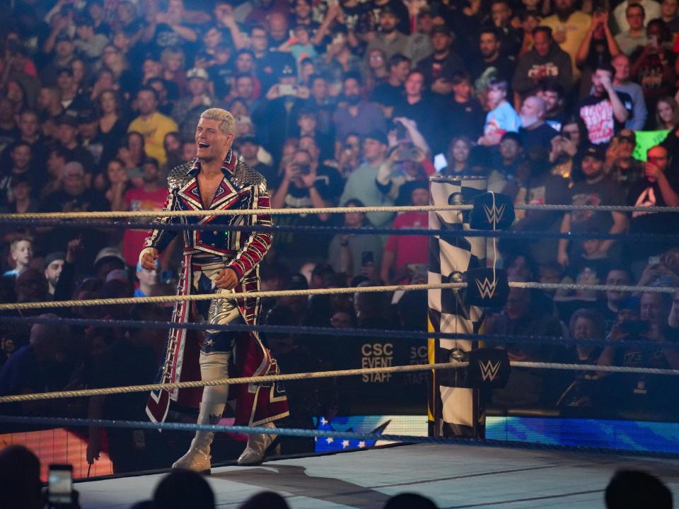 Cody Rhodes makes his entrance during the WWE Fastlane pro wrestling event Saturday, Oct. 7, 2023, at the Gainbridge Fieldhouse in Indianapolis.