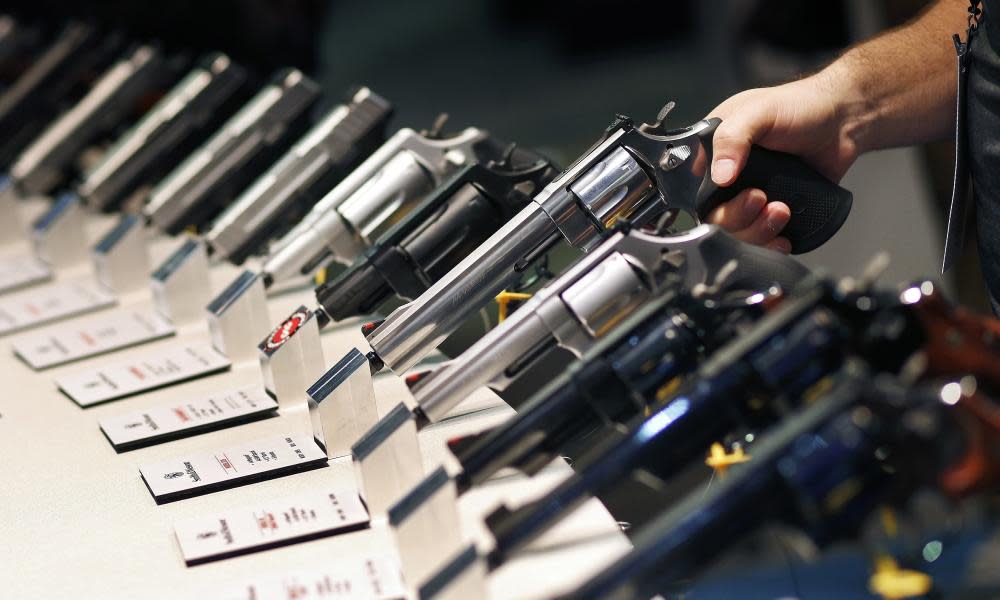 Handguns displayed at the Smith & Wesson booth at the Shooting, Hunting and Outdoor Trade Show in Las Vegas on January 2016.