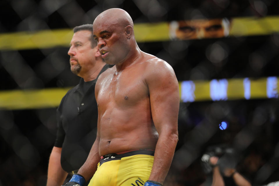 Legendary former UFC middleweight champion Anderson Silva is accused of failing an Oct. 26 anti-doping test, putting his career in jeopardy. (Getty)