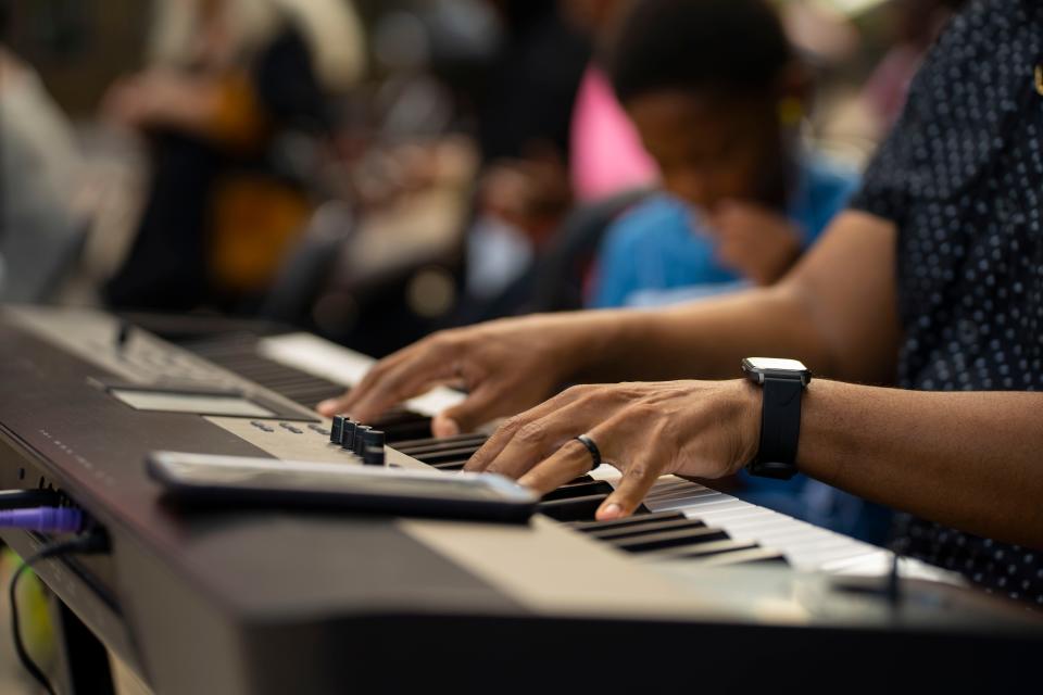 James Douglas, the music director at Mount Carmel Missionary Baptist Church, played keyboard during the Let's Turn It Around! community prayer on Sunday, June 12, 2022, at the Jon R. Hunt Plaza in downtown South Bend.