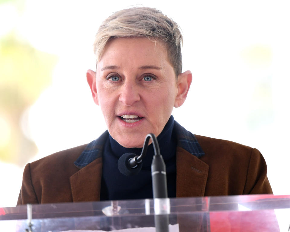 HOLLYWOOD, CALIFORNIA - FEBRUARY 05:  Ellen DeGeneres speaks as Pink is honored with a star on The Hollywood Walk Of Fame on February 05, 2019 in Hollywood, California. (Photo by Steve Granitz/WireImage)