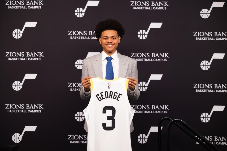 Keyonte George, who played at Baylor University, poses with his new jersey during a press conference announcing the 2023 draft picks of the Utah Jazz at Zions Bank Basketball Campus in Salt Lake City on Monday,June 26, 2023. | Ryan Sun, Deseret News