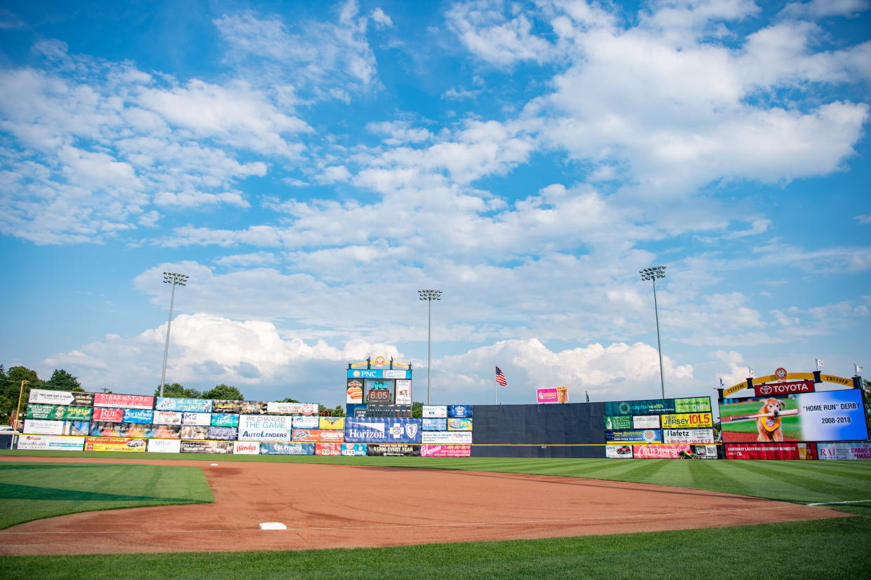 TRENTON, NJ - JULY 11: A detailed view of the outfield wall at Arm & Hammer Park before the 2018 Eastern League All Star Game at Arm & Hammer Park on July 11, 2018 in Trenton, New Jersey. (Photo by Mark Brown/Getty Images)