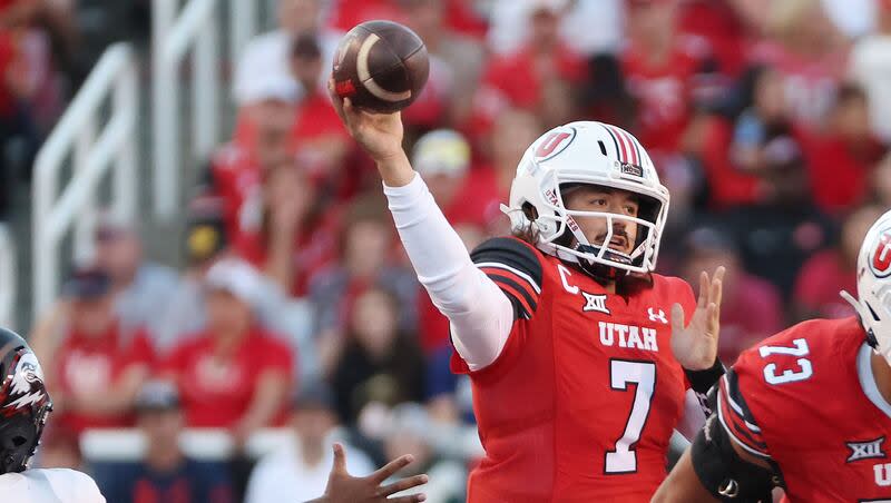 Utah Utes quarterback Cameron Rising (7) throws against SUU during the home opener in Salt Lake City on Thursday, Aug. 29, 2024.