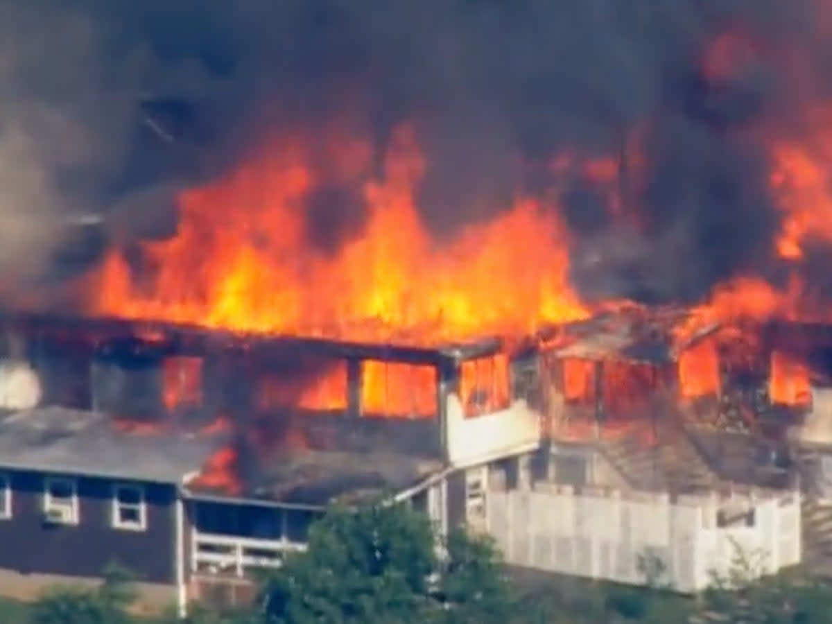 Flames pour out of the dining hall at Camp Airy, a Jewish boys summer program in Maryland.  (screengrab)