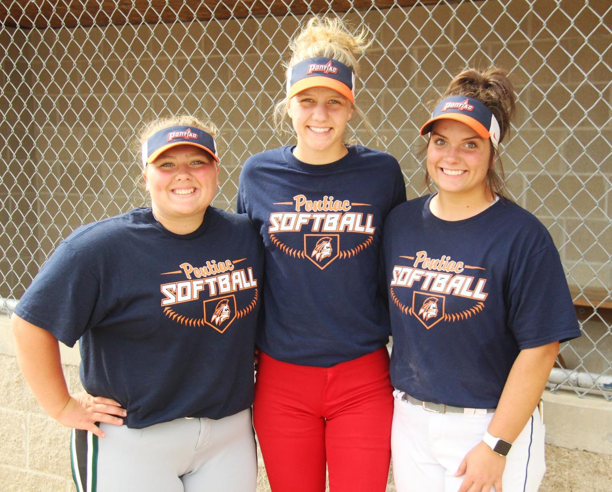 Pontiac seniors Rylee Zimmerman, left, Brooke Fox and Sam Johns will be playing their final two softball games of their prep careers this weekend at the Class 2A state finals.