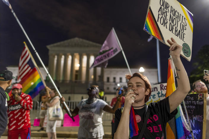 Abortion rights protesters gather at the U.S. Supreme Court to denounce the court's decision to end federal abortion rights protections  in Washington, D.C. (Tasos Katopodis/Getty Images)