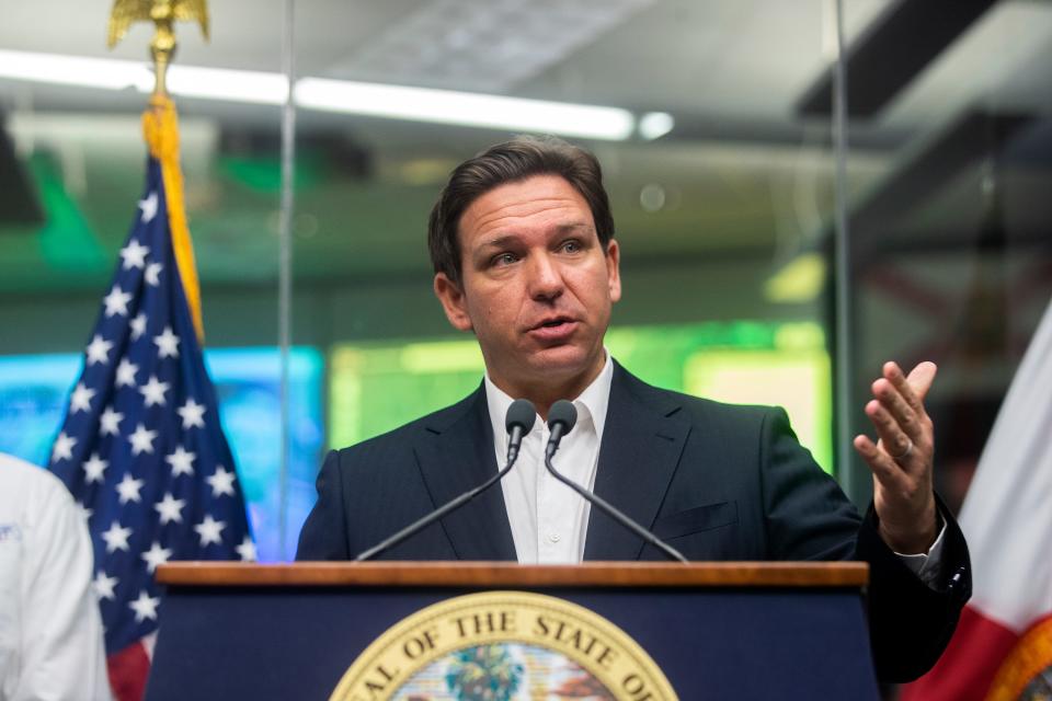 Florida Gov. Ron DeSantis speaks at a press conference about updates and preparations for Hurricane Ian at the State Emergency Operations Center on Tuesday, Sept. 27, 2022 in Tallahassee, Fla. 