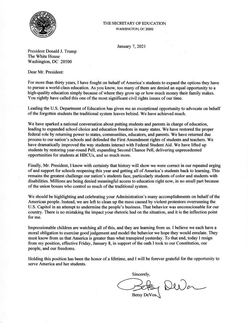 Betsy DeVos' resignation letter to President Trump (Photo: The U.S. Department of Education)