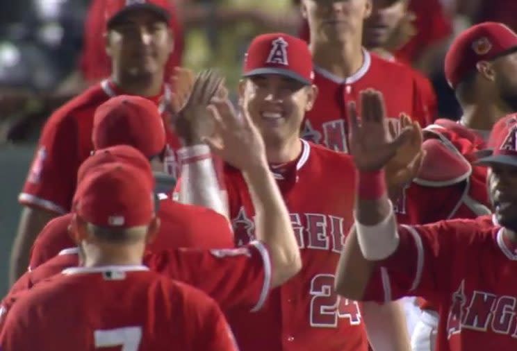 C.J. Cron (24) and his Angels teammates celebrate a rare spring training no-hitter. (MLB.TV)