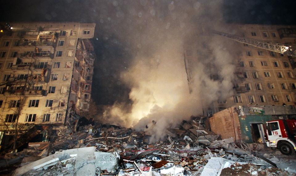 General view of an apartment block in the Pechatniki suburb, southeast of Moscow, after an explosion destroyed it in September 1999.