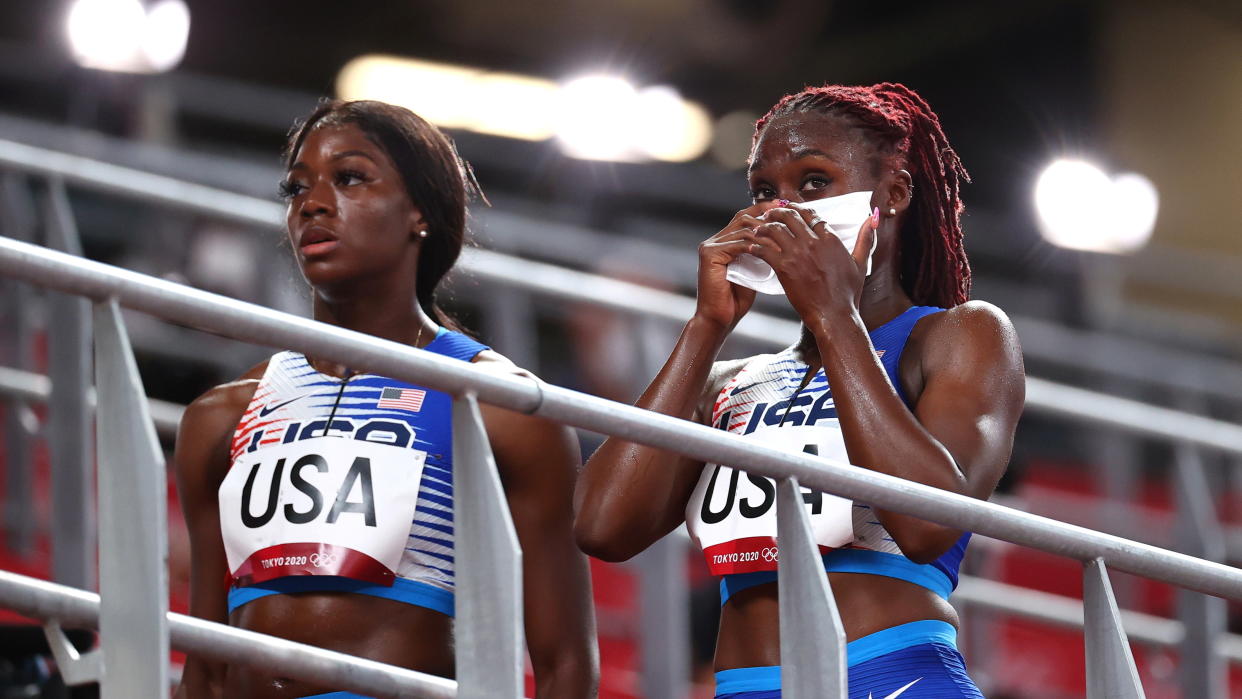 Lynna Irby (left), Taylor Manson and the U.S. mixed 4x400-meter relay team were disqualified in the event's Olympic debut, but they're appealing the decision. (REUTERS/Lucy Nicholson)