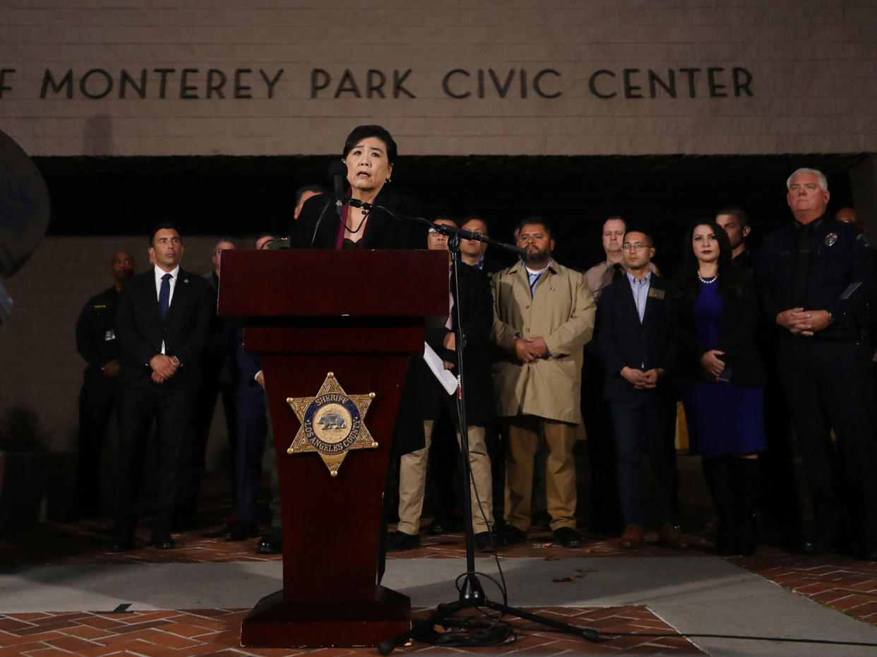 Jan 22, 2023; Monterey Park, CA, USA; Congresswomen Judy Chu speaks in front of the Monterey Park Civic center during a press