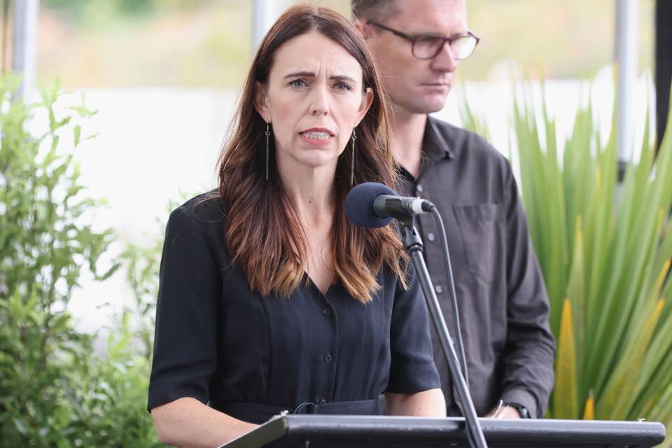 <p>Jacinda Ardern addresses a memorial service to mark the 10th anniversary of the Christchurch earthquake on 22 February</p> (EPA)