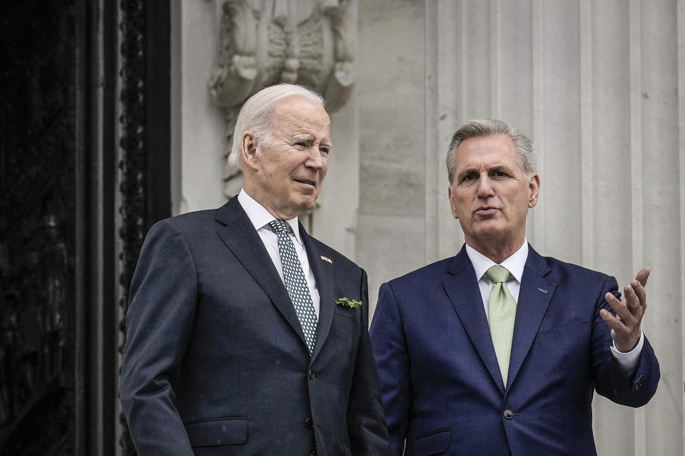 Image: President Joe Biden and Speaker of the House Kevin McCarthy depart the Capitol on March 17, 2023. (Drew Angerer / Getty Images file)