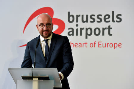 Belgium's Prime Minister Charles Michel speaks during a ceremony at Brussels Airport as the departure hall reopens 40 days after deadly attacks, in Zaventem, Belgium, May 1, 2016. REUTERS/Eric Vidal