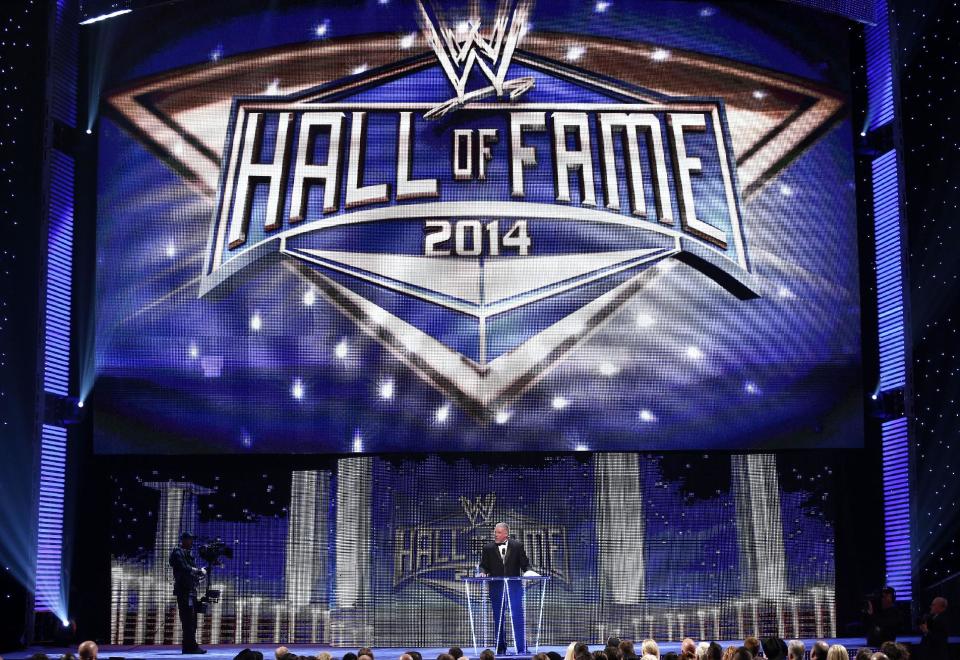 The Ultimate Warrior speaks during the WWE Hall of Fame Induction at the Smoothie King Center in New Orleans on Saturday, April 5, 2014. (Jonathan Bachman/AP Images for WWE)