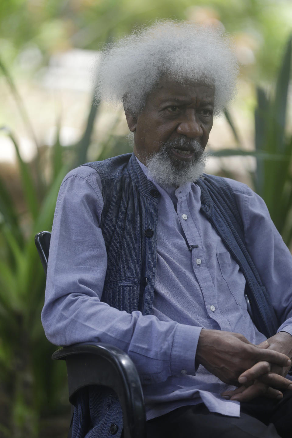 Nobel Laureate Wole Soyinka, speaks to The Associated Press during an interview at freedom park in Lagos, Nigeria, Thursday, Oct. 28, 2021. Wole Soyinka, Nigeria's Nobel-winning author, sees his country's many problems — misgoverning politicians, systemic corruption, violent extremists, and kidnapping bandits — yet he does not despair. At 87, he says Nigeria's youth may have the energy and the know-how to get the troubled country back on track. He says Nigeria needs a "brutal" soul-searching and a leader who will "take the bull by the horns" for things to improve. (AP Photo/Sunday Alamba)