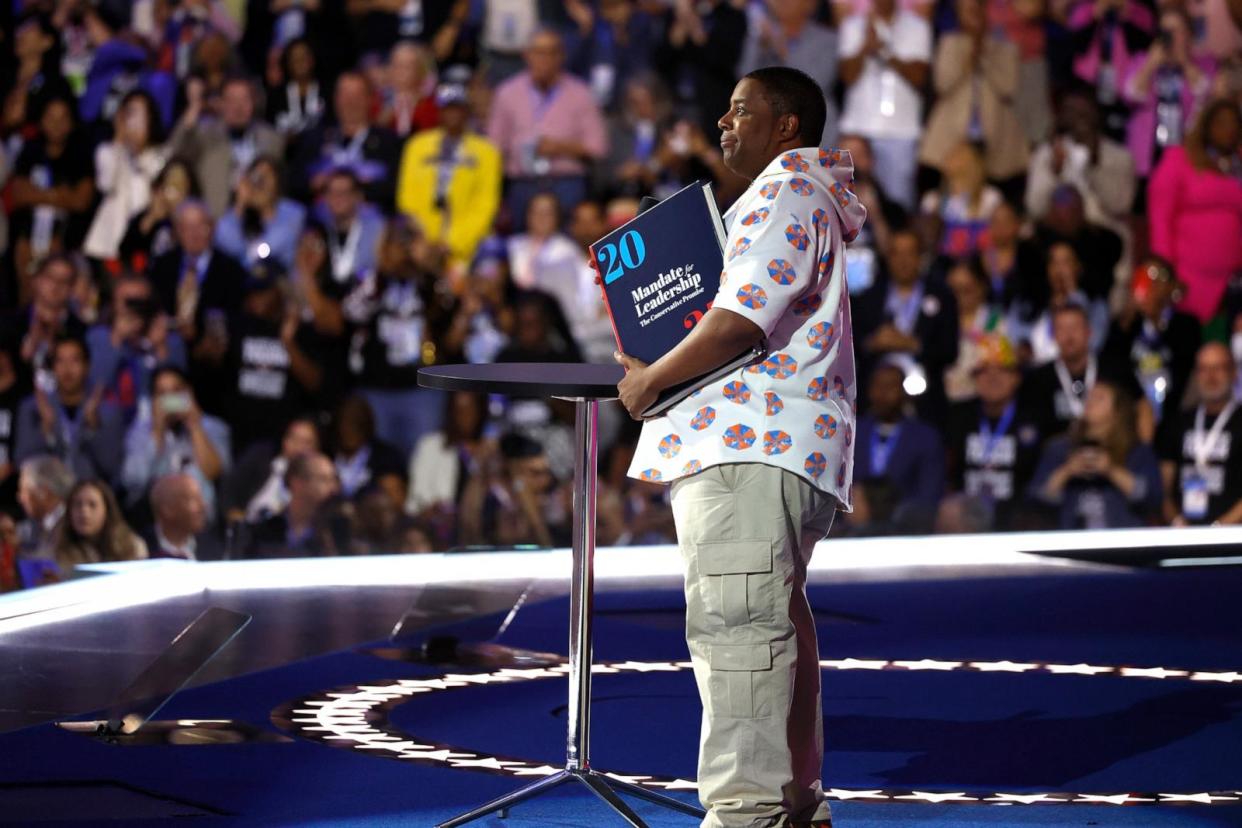 PHOTO: Comedian and actor Kenan Thompson speaks about Project 2025 on Day 3 of the Democratic National Convention, Aug. 21, 2024 in Chicago. (Kevin Dietsch/Getty Images)