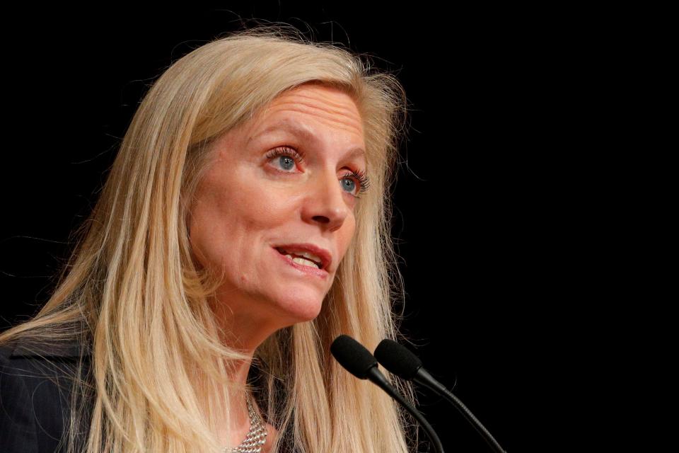 FILE PHOTO: Federal Reserve Board Governor Lael Brainard speaks at the John F. Kennedy School of Government at Harvard University in Cambridge, Massachusetts, U.S., March 1, 2017. REUTERS/Brian Snyder