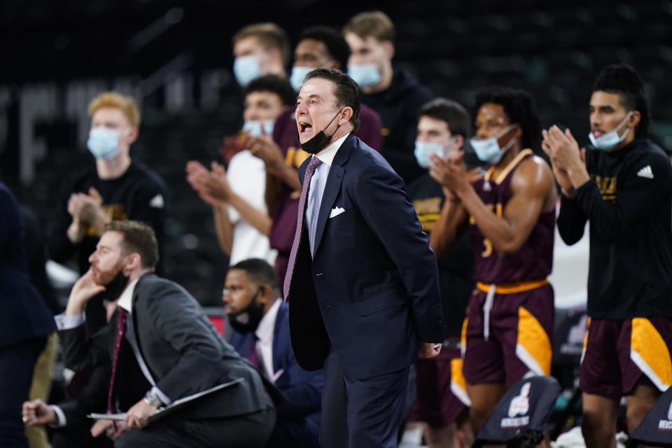 Iona head coach Rick Pitino yells to his team in the first half of an NCAA college basketball game against Fairfield during the finals of the Metro Atlantic Athletic Conference tournament, Saturday, March 13, 2021, in Atlantic City, N.J. (AP Photo/Matt Slocum)