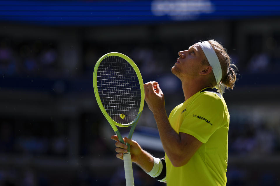 Alejandro Davidovich Fokina, of Spain, reacts during a match against Tommy Paul, of the United States, during the third round of the U.S. Open tennis championships, Friday, Sept. 1, 2023, in New York. (AP Photo/Manu Fernandez)