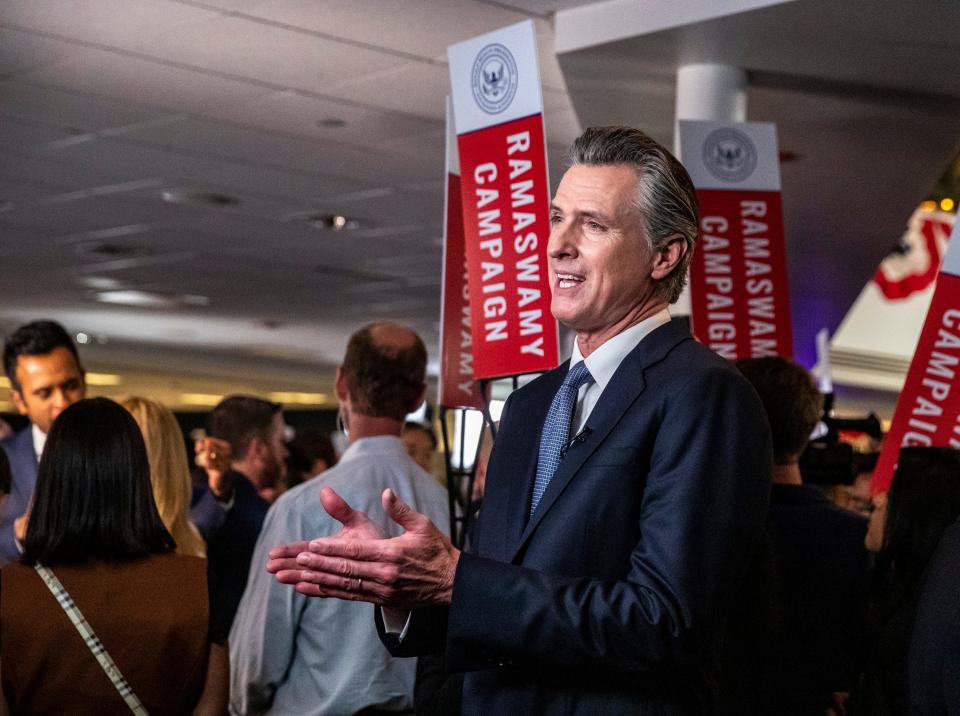 Gov. Gavin Newsom is interviewed by NBC from the spin room after the Republican presidential debate at the Ronald Reagan Presidential Library in Simi Valley, Calif., Wednesday, Sept. 27, 2023.