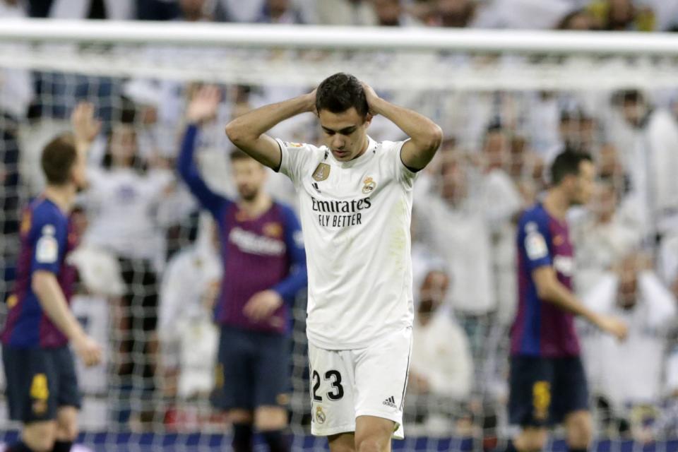 Real defender Sergio Reguilon reacts during the Spanish La Liga soccer match between Real Madrid and FC Barcelona at the Bernabeu stadium in Madrid, Saturday, March 2, 2019. (AP Photo/Andrea Comas)