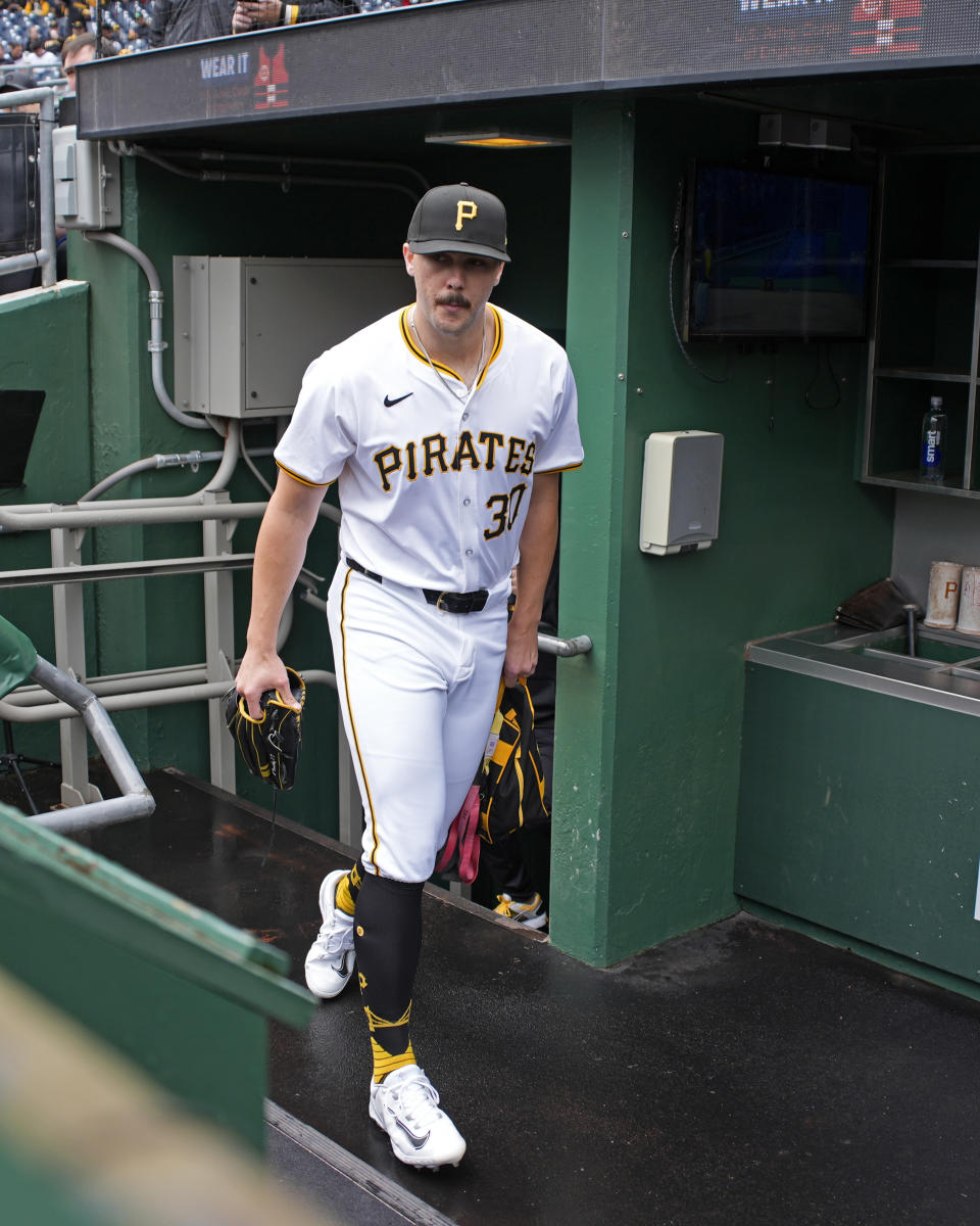 Pittsburgh Pirates starting pitcher Paul Skenes heads to the bullpen to warm up for his major league debut before a baseball game against the Chicago Cubs in Pittsburgh, Saturday, May 11, 2024. (AP Photo/Gene J. Puskar)