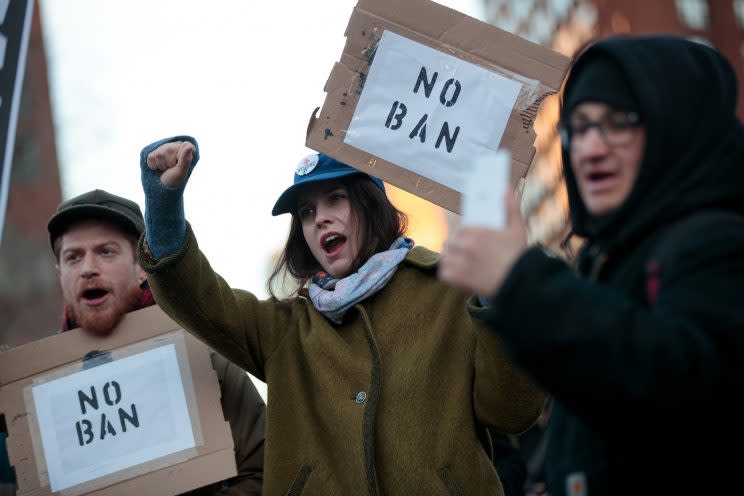 Demonstrators rally during a March protest of President Trump’s proposed travel ban. (Photo: Drew Angerer/Getty Images)