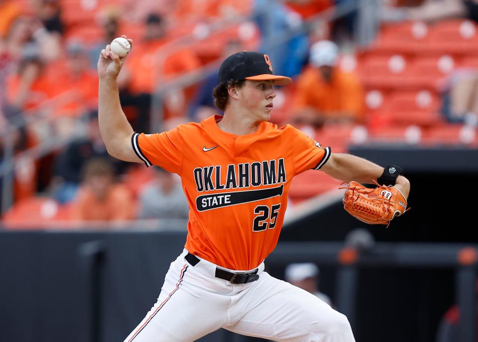 Oklahoma State's Evan O'Toole pitches during Tuesday's game against OU at O'Brate Stadium in Stillwater.