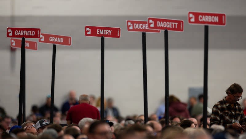 County signs are pictured at the Utah Republican Party state nominating convention at the Salt Palace Convention Center in Salt Lake City on Saturday, April 27, 2024.
