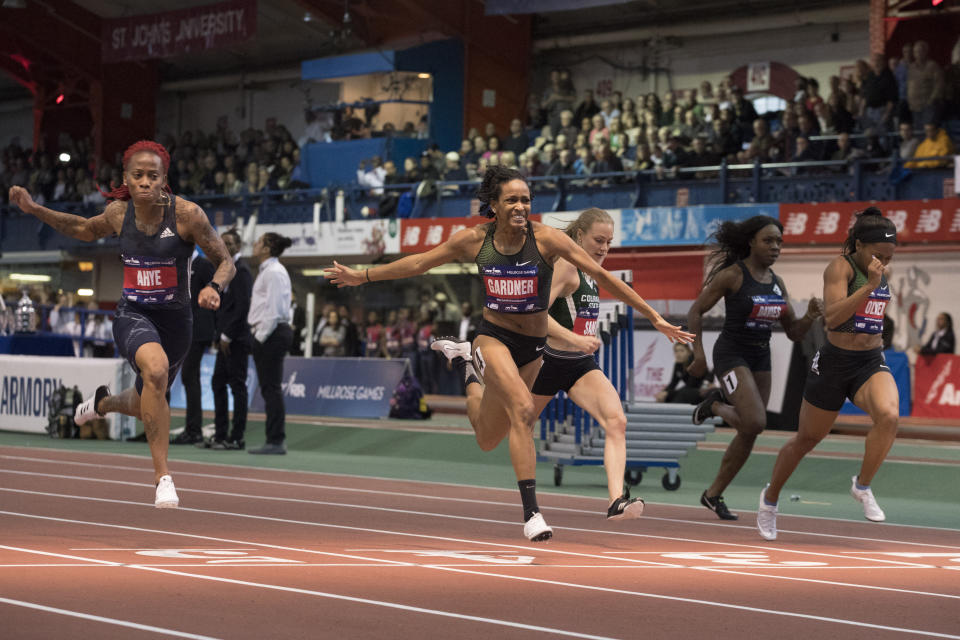 English Gardner crosses the finish line in the women's 60-meter sprint at the Millrose Games track and field meet, Saturday, Feb. 9, 2019, in New York. (AP Photo/Mary Altaffer)