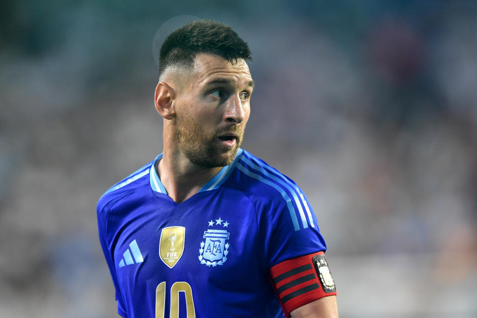 LANDOVER, MD - JUNE 14: Lionel Messi #10 of the Argentina National Team looks on during a game between Guatemala and Argentina at FedexField on June 14, 2024 in Landover, Maryland. (Photo by Jose L Argueta/ISI Photos/Getty Images)