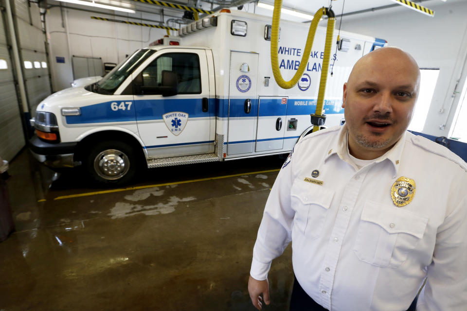 Paul Falavolito, the chief of a small, non-profit ambulance service is photographed in White Oak, Pa. on Monday, Feb. 10, 2014. Changes in weather are important for Falavolito's ambulance service, and he was outraged last month when he flipped on DirecTV's replacement weather service, WeatherNation TV, and it was broadcasting a seven-day extended forecast for Los Angeles while he was in the Northeast. (AP Photo/Keith Srakocic)